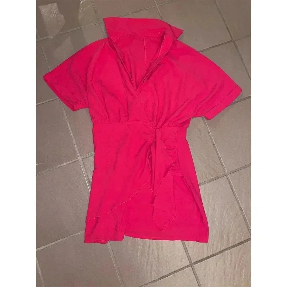 Elssime Women's Ruched Wrap Batwing Sleeve Dress Red Size S Casual - Picture 6 of 15